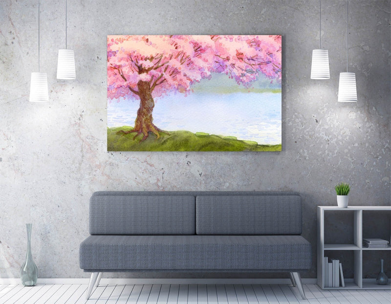 Cherry Blossom Canvas - Handmade Floral Wall Art With River Scene Print