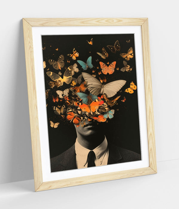 Framed Wall Art - Contemporary Man Portrait Poster with Butterflies | Handmade UK Frame