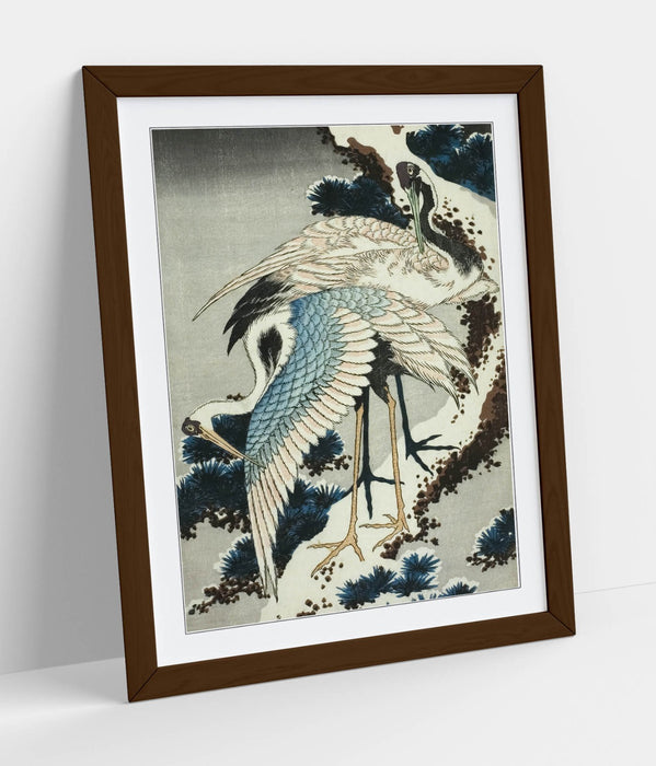 Framed Art Poster – Katsushika Hokusai Cranes On Snow Covered Pine Print – Woodgrain Frame