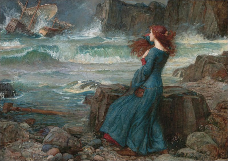 'Miranda the Tempest' Art Print – John William Waterhouse Framed Art Poster With Woodgrain Frame