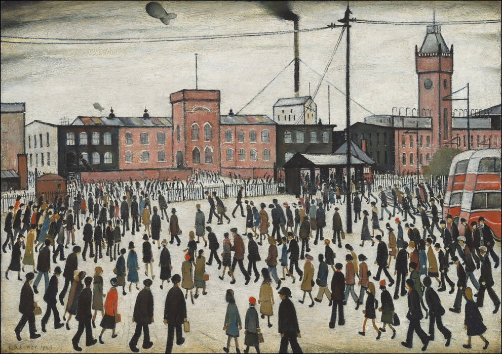 Lowry Style Wall Art – 'Going to Work' Handmade Framed Wall Art Print UK With Woodgrain Frame