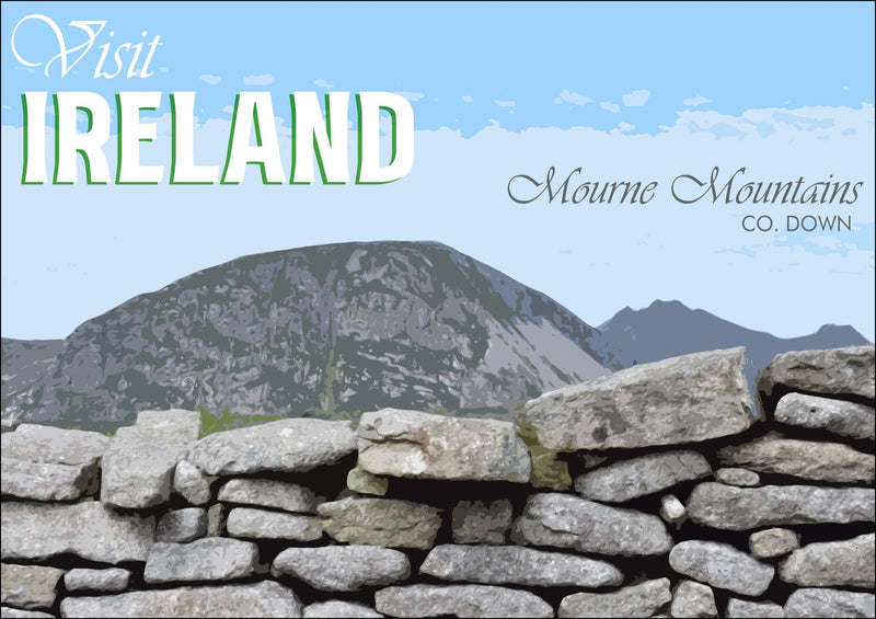'Mourne Mountains' Visit Ireland Travel Poster – Framed Poster Print With Wood Grain Frame & Matte Paper