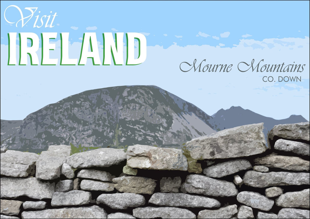 'Mourne Mountains' Visit Ireland Travel Poster – Framed Poster Print With Wood Grain Frame & Matte Paper