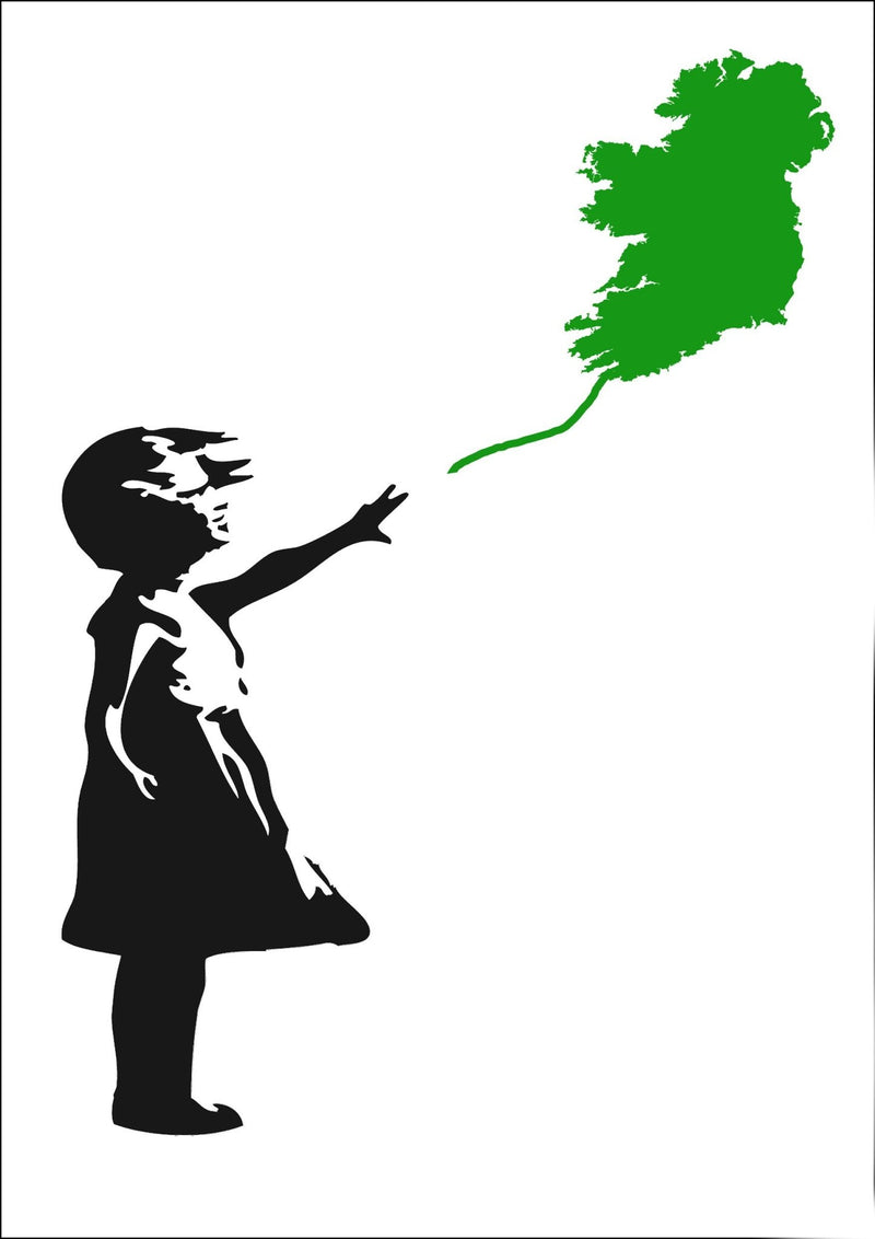 Ireland Balloon Girl Banksy (green)  - Colorful Wall Art With Woodgrain Frame & Matte Paper Print