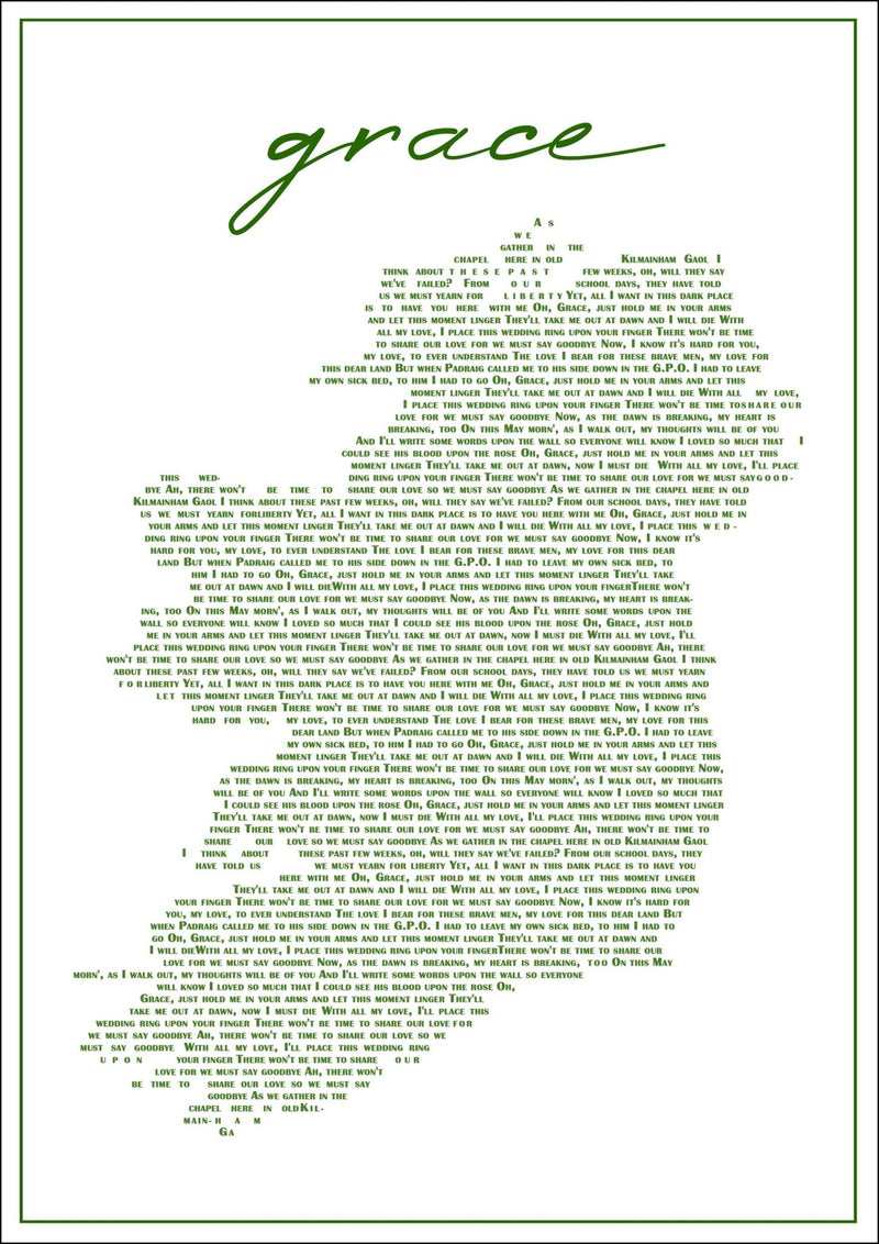 Grace Lyrics in the Shape of Ireland - Colorful Wall Art With Woodgrain Frame & Matte Paper Print
