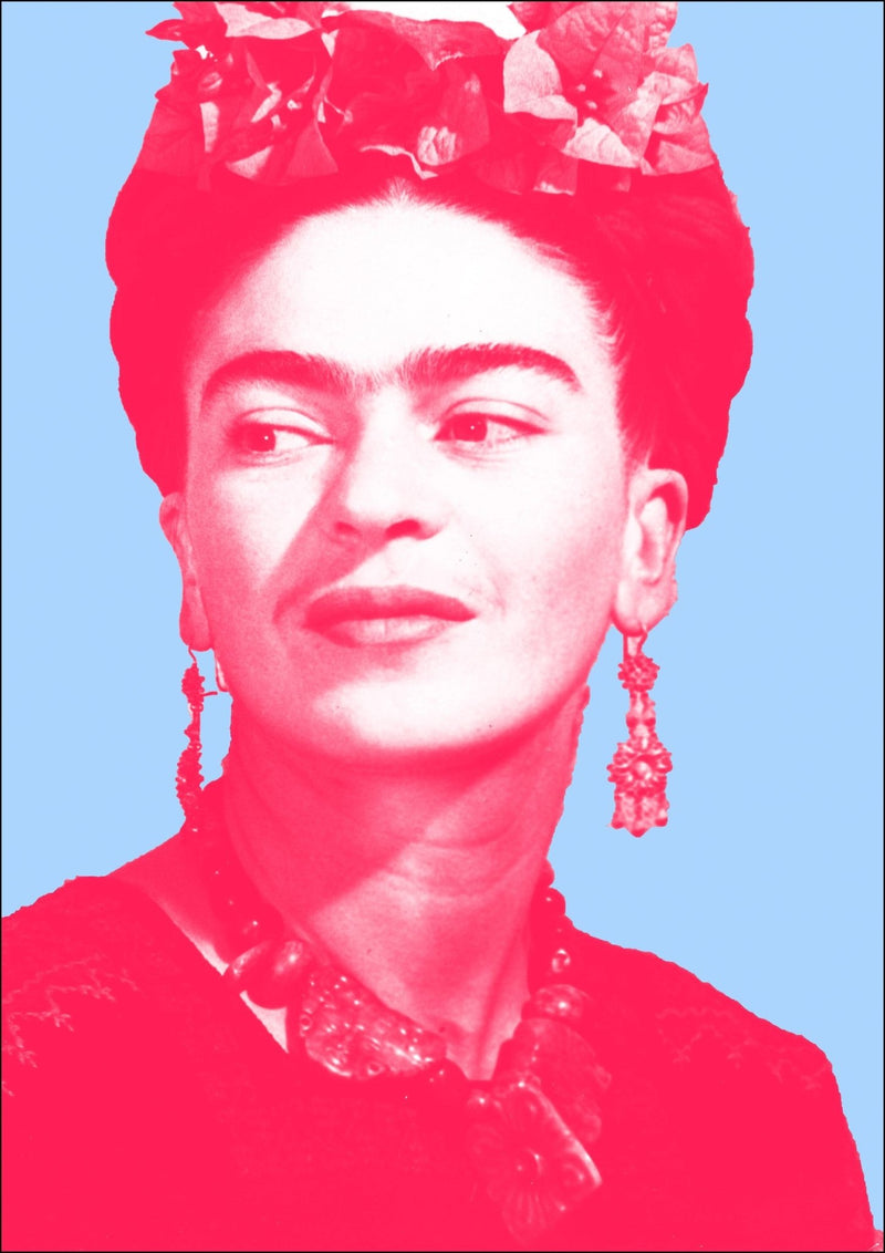 Colourful Frida Kahlo Pop Art (pink & blue) - Colorful Wall Art With Woodgrain Frame & Matte Paper Print