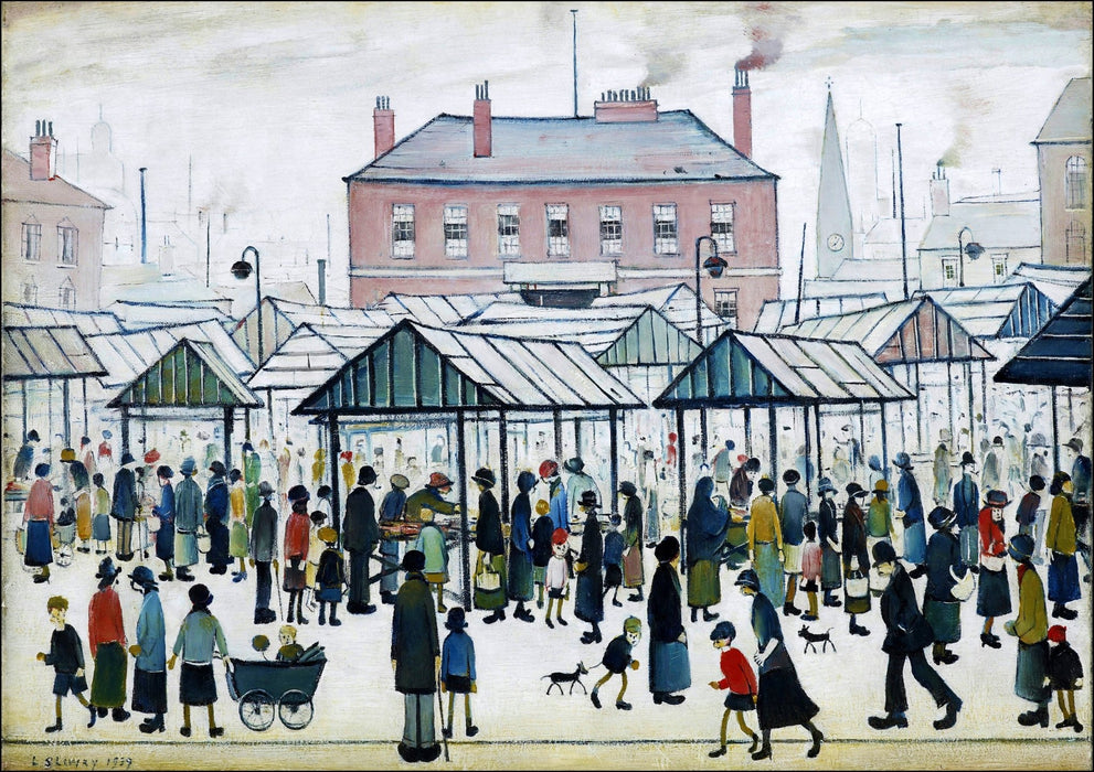 Framed Wall Art Print - LS Lowry Market Scene Painting with Wood Grain Frame
