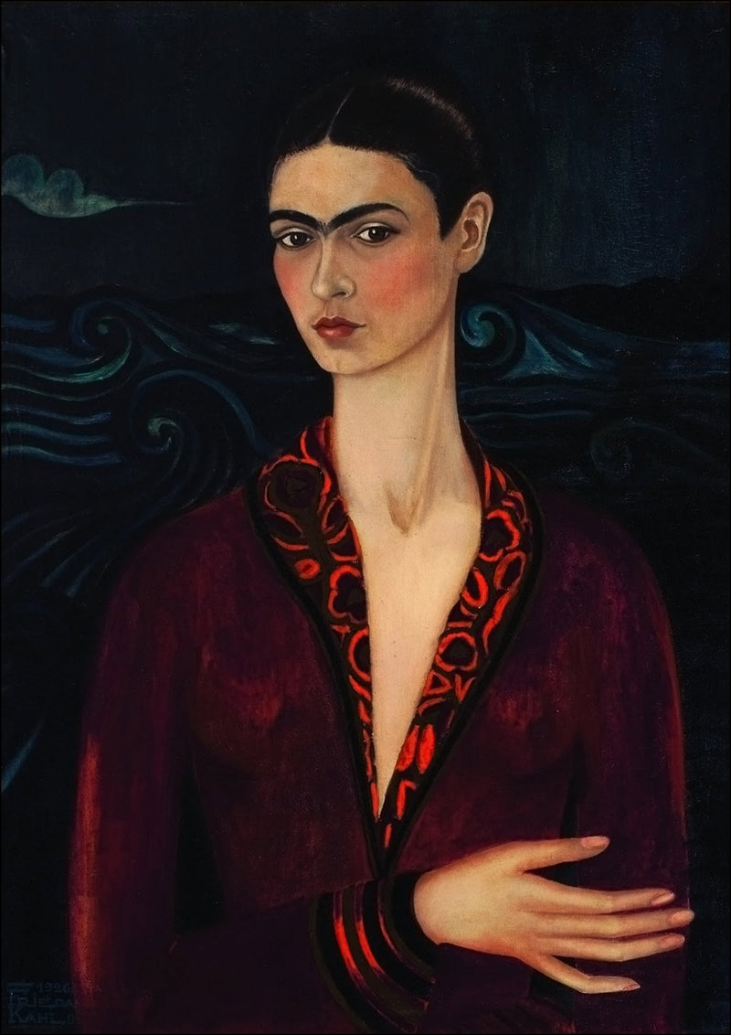 'Self-Portrait with Velvet Dress' by Frida Kahlo - Colorful Wall Art With Woodgrain Frame & Matte Paper Print