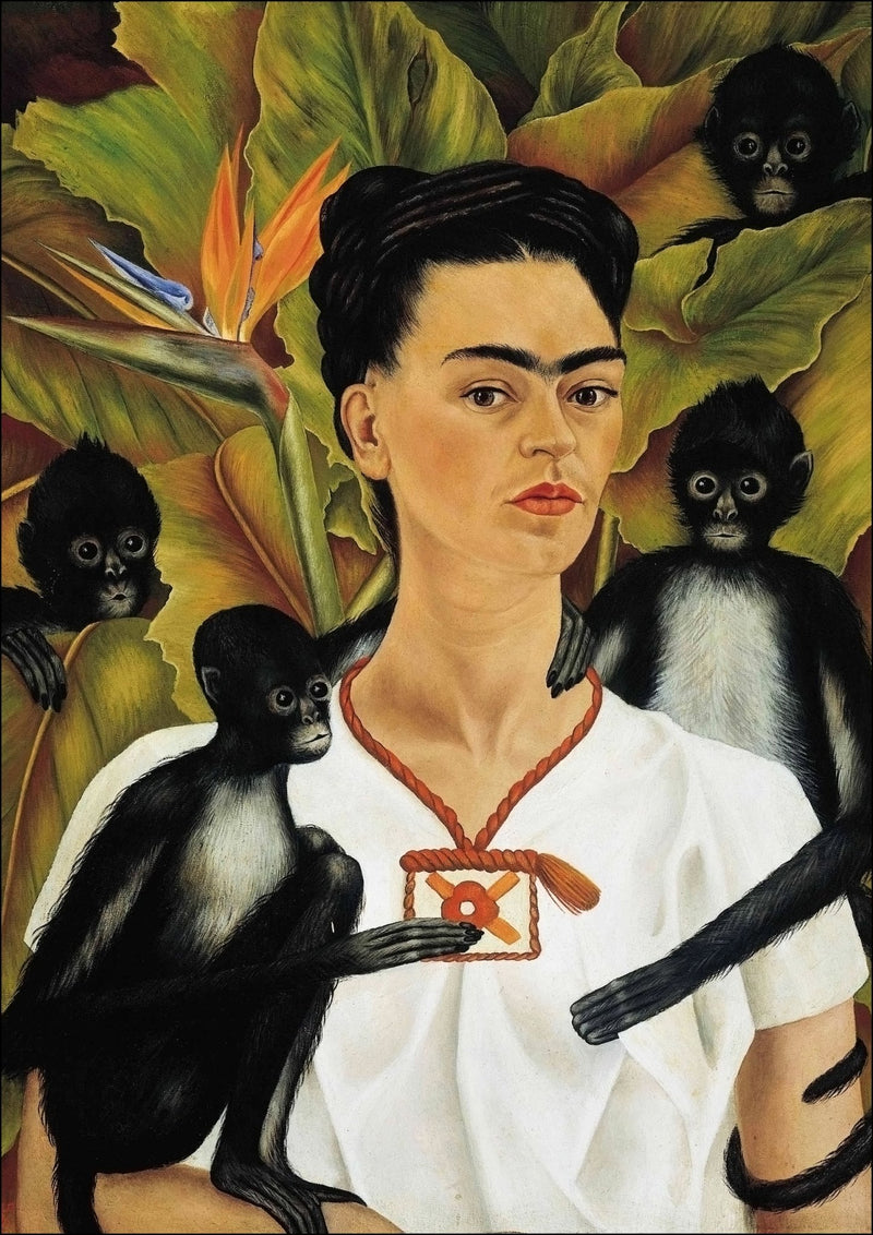 'Self Portrait with Monkeys' by Frida Kahlo - Colorful Wall Art With Woodgrain Frame & Matte Paper Print