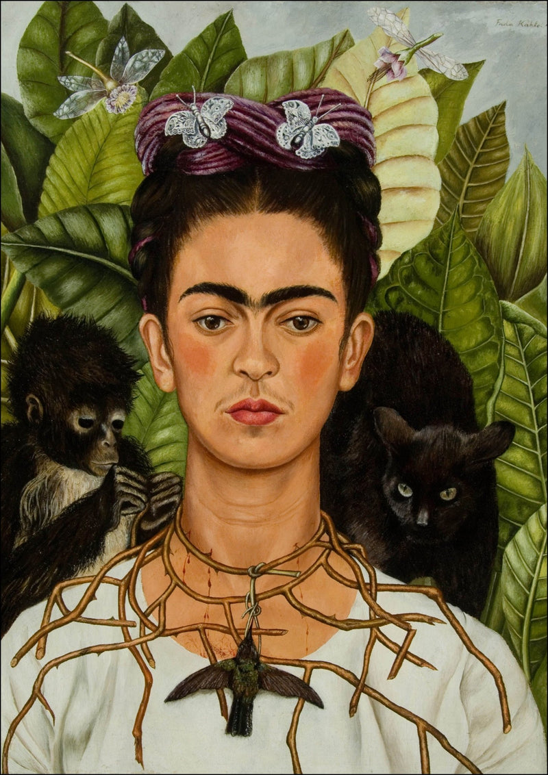 'Self-Portrait with Thorn Necklace and Hummingbird' by Frida Kahlo - Colorful Wall Art With Woodgrain Frame & Matte Paper Print
