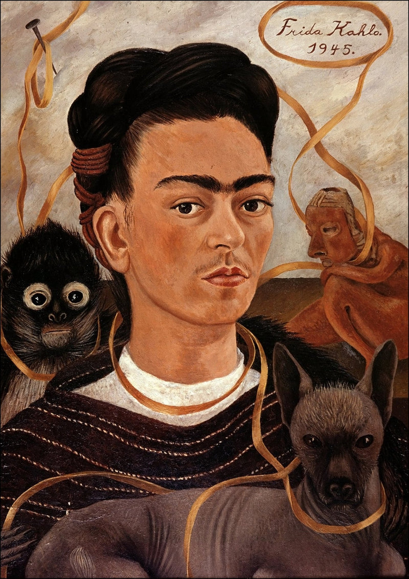 'Self-Portrait with Small Monkey' by Frida Kahlo - Colorful Wall Art With Woodgrain Frame & Matte Paper Print
