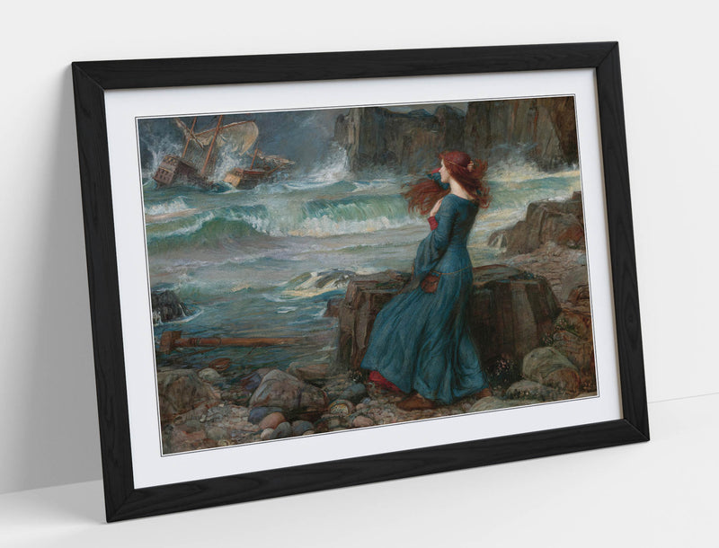 'Miranda the Tempest' Art Print – John William Waterhouse Framed Art Poster With Woodgrain Frame