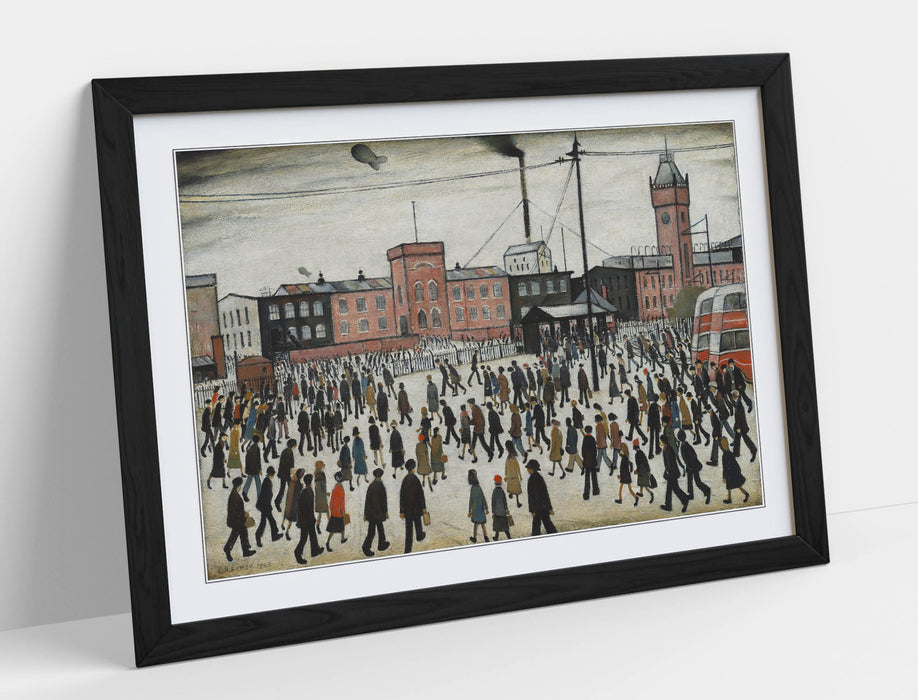Lowry Style Wall Art – 'Going to Work' Handmade Framed Wall Art Print UK With Woodgrain Frame