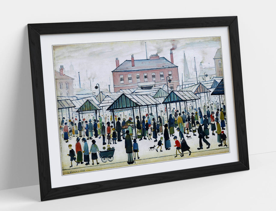 Framed Wall Art Print - LS Lowry Market Scene Painting with Wood Grain Frame