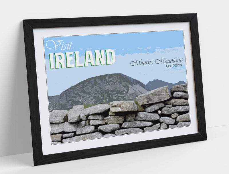 'Mourne Mountains' Visit Ireland Travel Poster – Framed Poster Print With Wood Grain Frame & Matte Paper