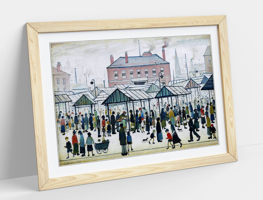 Framed Wall Art Print - LS Lowry Market Scene Painting with Wood Grain Frame