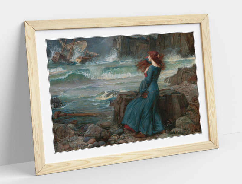 'Miranda the Tempest' Art Print – John William Waterhouse Framed Art Poster With Woodgrain Frame