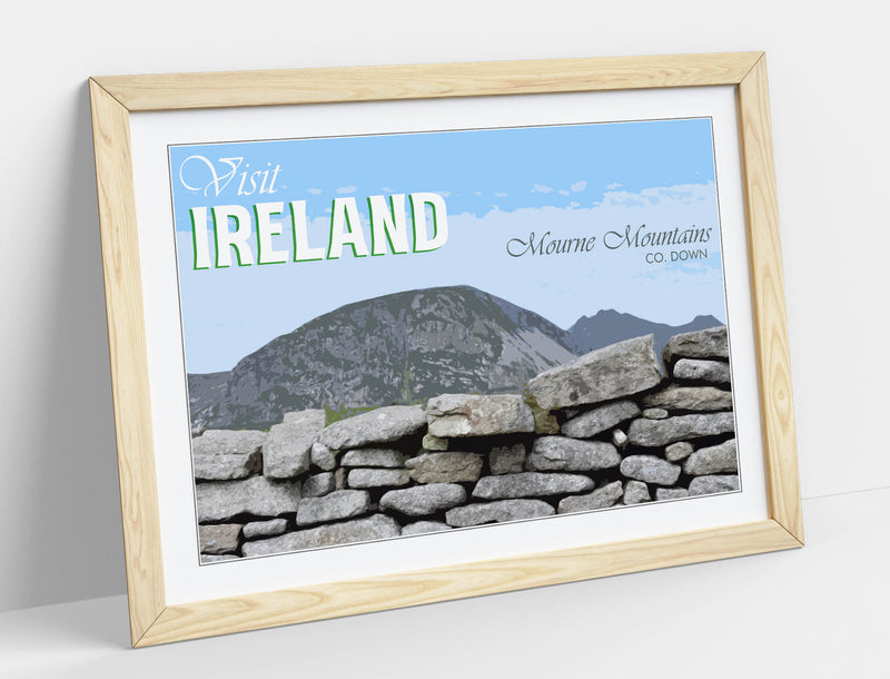 'Mourne Mountains' Visit Ireland Travel Poster – Framed Poster Print With Wood Grain Frame & Matte Paper