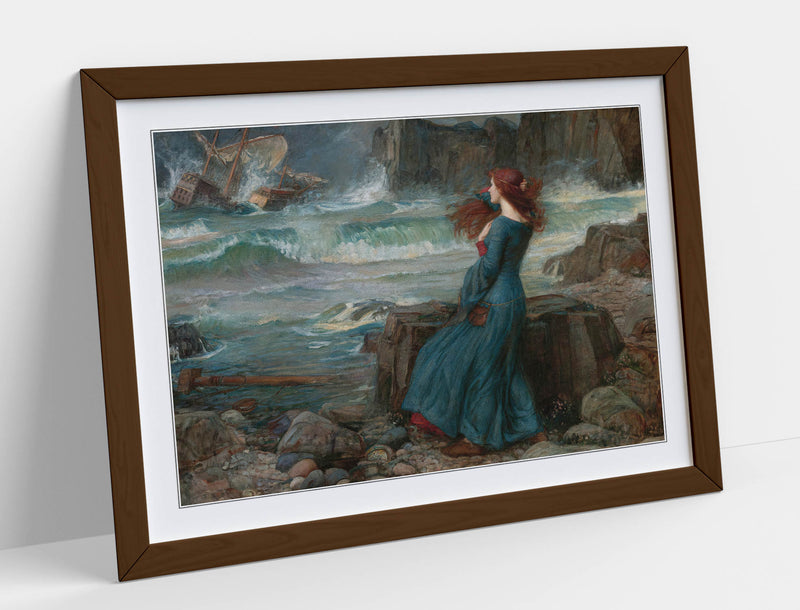 'Miranda the Tempest' Art Print – John William Waterhouse Framed Art Poster With Woodgrain Frame