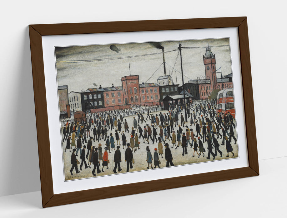 Lowry Style Wall Art – 'Going to Work' Handmade Framed Wall Art Print UK With Woodgrain Frame
