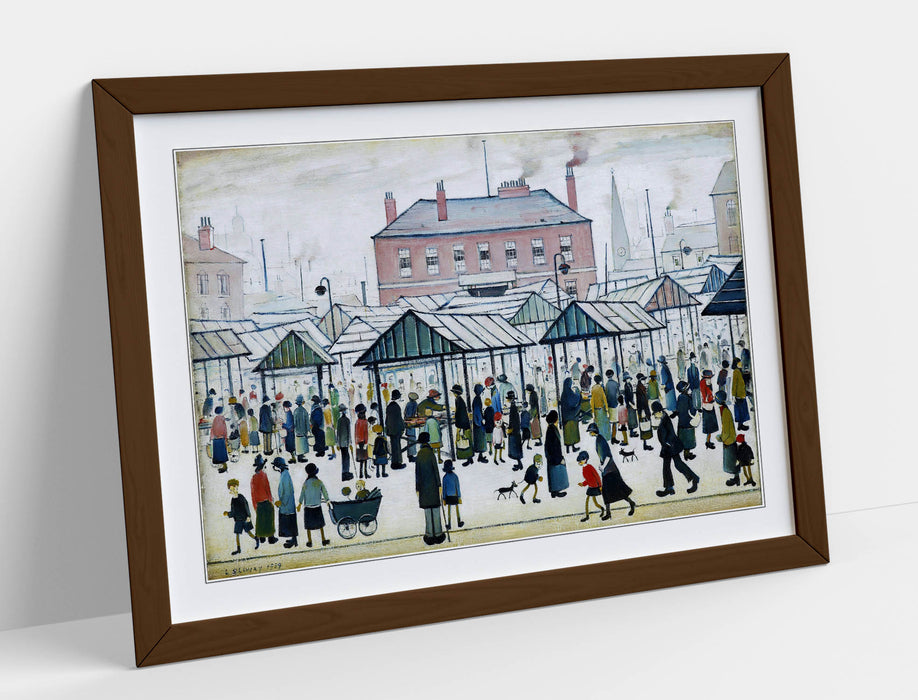 Framed Wall Art Print - LS Lowry Market Scene Painting with Wood Grain Frame