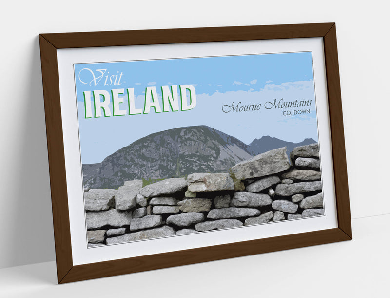 'Mourne Mountains' Visit Ireland Travel Poster – Framed Poster Print With Wood Grain Frame & Matte Paper