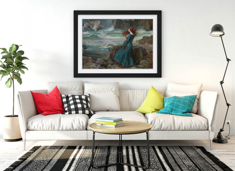 'Miranda the Tempest' Art Print – John William Waterhouse Framed Art Poster With Woodgrain Frame