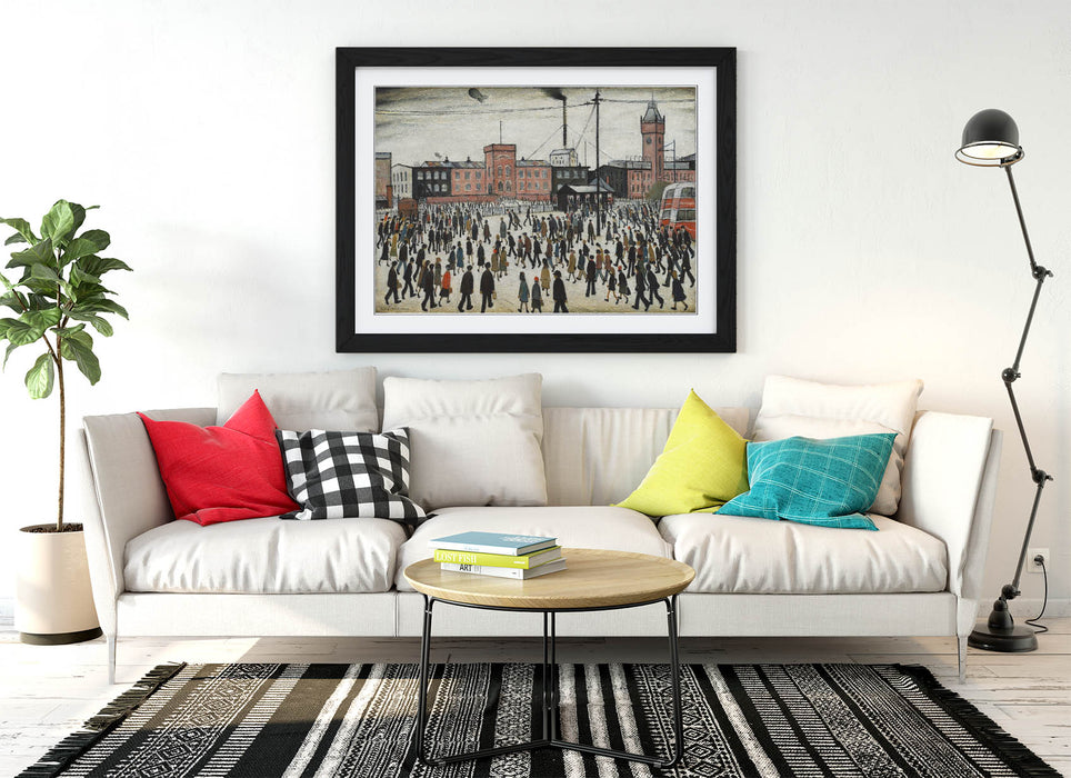 Lowry Style Wall Art – 'Going to Work' Handmade Framed Wall Art Print UK With Woodgrain Frame