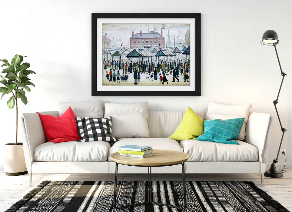 Framed Wall Art Print - LS Lowry Market Scene Painting with Wood Grain Frame