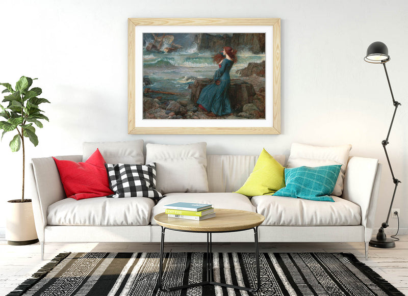 'Miranda the Tempest' Art Print – John William Waterhouse Framed Art Poster With Woodgrain Frame