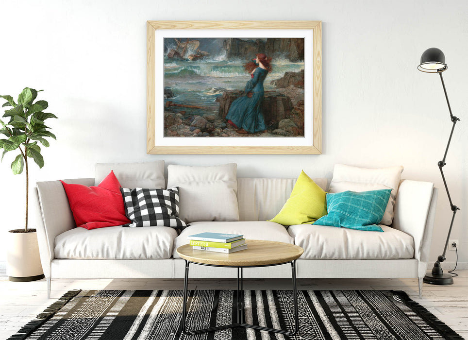 'Miranda the Tempest' Art Print – John William Waterhouse Framed Art Poster With Woodgrain Frame
