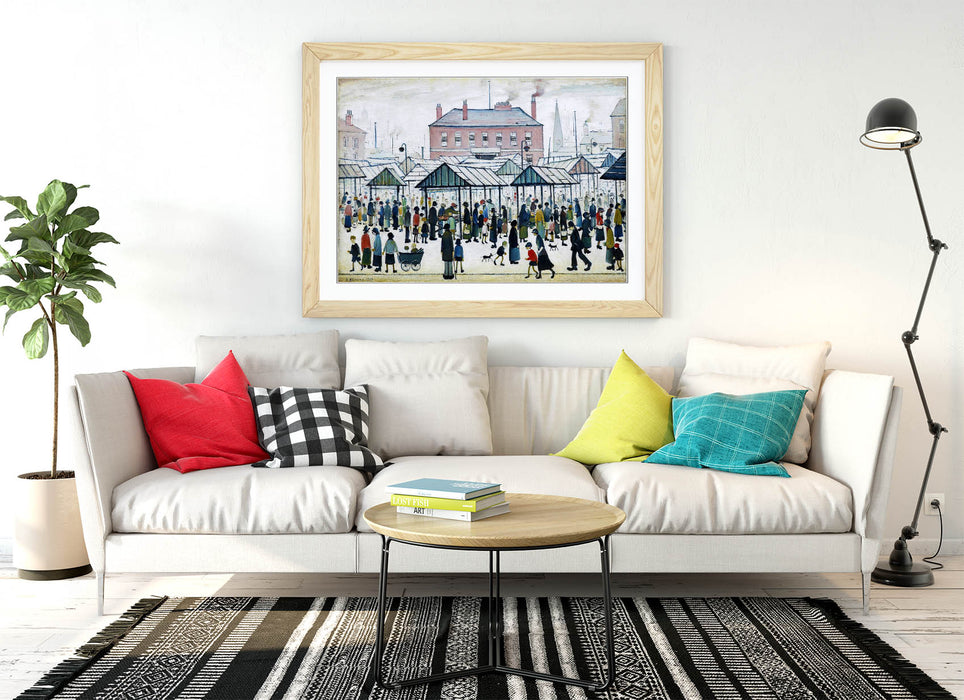 Framed Wall Art Print - LS Lowry Market Scene Painting with Wood Grain Frame