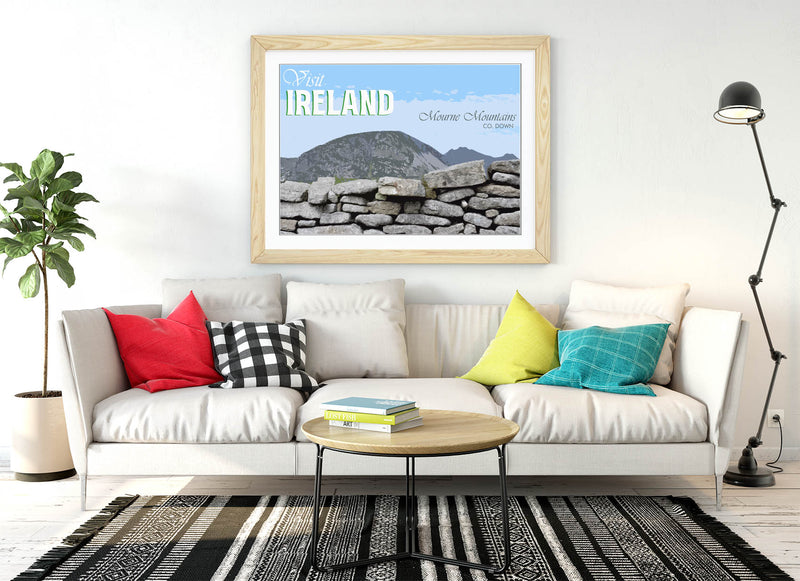 'Mourne Mountains' Visit Ireland Travel Poster – Framed Poster Print With Wood Grain Frame & Matte Paper