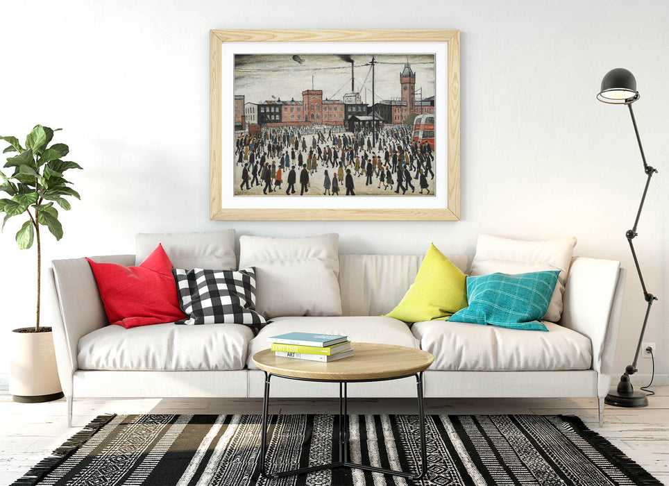 Lowry Style Wall Art – 'Going to Work' Handmade Framed Wall Art Print UK With Woodgrain Frame