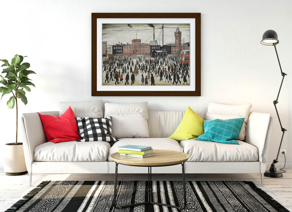 Lowry Style Wall Art – 'Going to Work' Handmade Framed Wall Art Print UK With Woodgrain Frame
