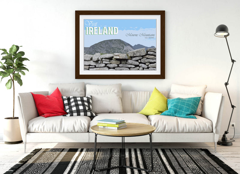 'Mourne Mountains' Visit Ireland Travel Poster – Framed Poster Print With Wood Grain Frame & Matte Paper