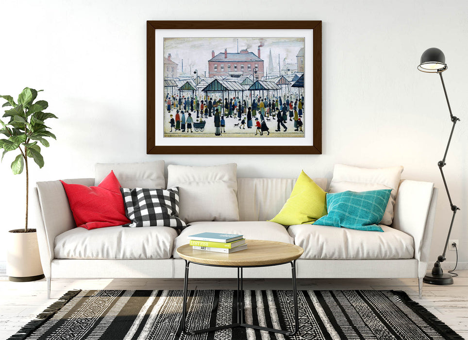Framed Wall Art Print - LS Lowry Market Scene Painting with Wood Grain Frame