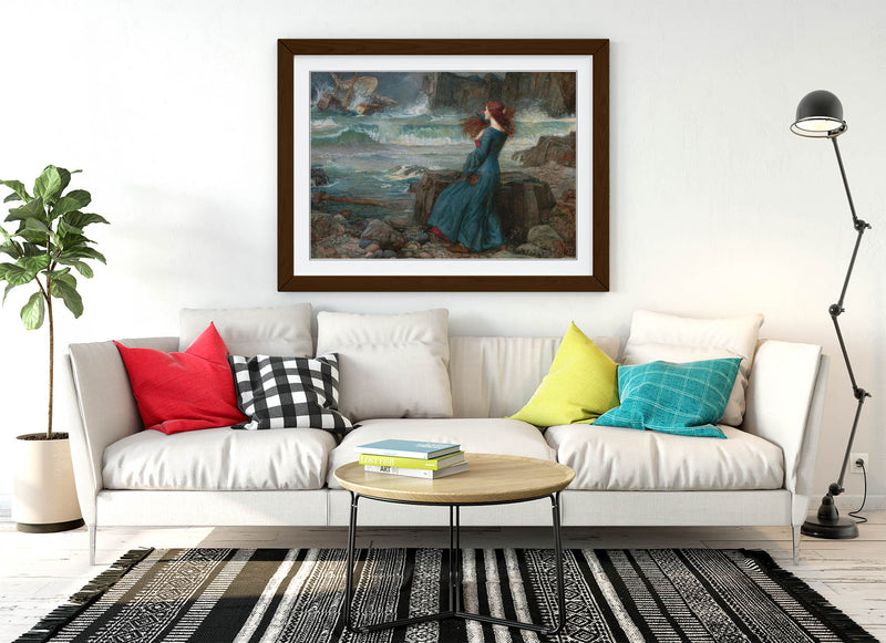 'Miranda the Tempest' Art Print – John William Waterhouse Framed Art Poster With Woodgrain Frame