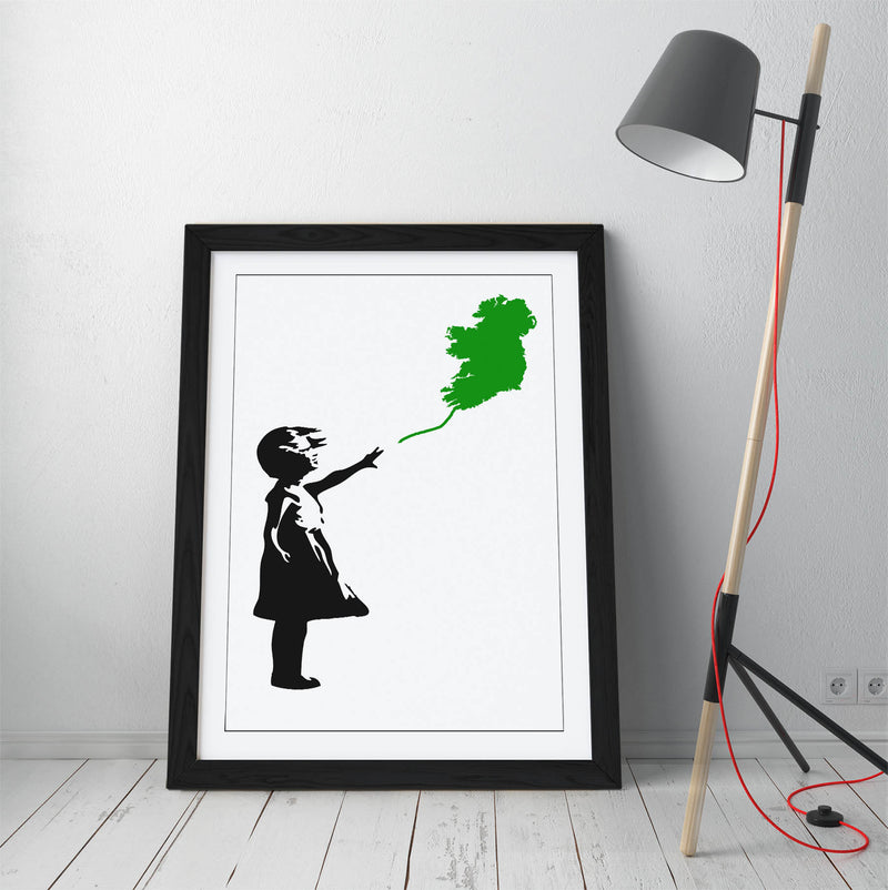 Ireland Balloon Girl Banksy (green)  - Colorful Wall Art With Woodgrain Frame & Matte Paper Print