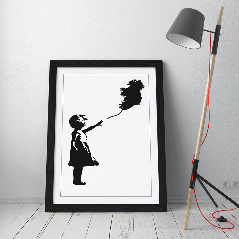 Ireland Balloon Girl Banksy - Colorful Wall Art With Woodgrain Frame & Matte Paper Print