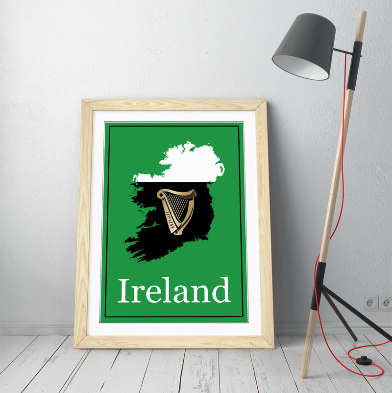 Ireland as a Pint of Stout (with Harp) - Colorful Wall Art With Woodgrain Frame & Matte Paper Print