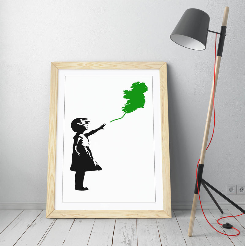 Ireland Balloon Girl Banksy (green)  - Colorful Wall Art With Woodgrain Frame & Matte Paper Print