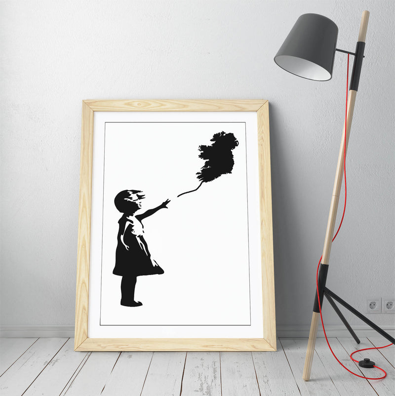 Ireland Balloon Girl Banksy - Colorful Wall Art With Woodgrain Frame & Matte Paper Print