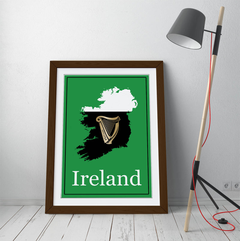 Ireland as a Pint of Stout (with Harp) - Colorful Wall Art With Woodgrain Frame & Matte Paper Print