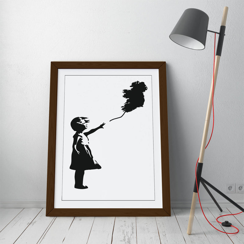 Ireland Balloon Girl Banksy - Colorful Wall Art With Woodgrain Frame & Matte Paper Print