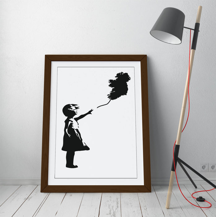 Ireland Balloon Girl Banksy - Colorful Wall Art With Woodgrain Frame & Matte Paper Print