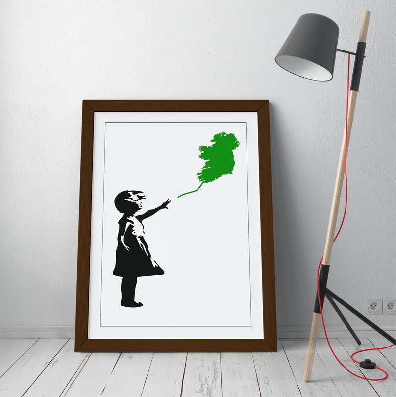 Ireland Balloon Girl Banksy (green)  - Colorful Wall Art With Woodgrain Frame & Matte Paper Print