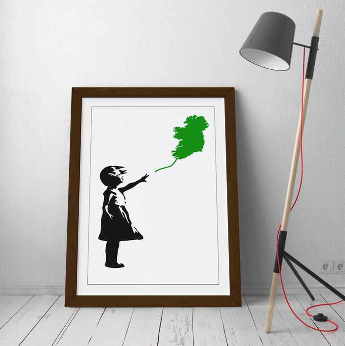 Ireland Balloon Girl Banksy (green)  - Colorful Wall Art With Woodgrain Frame & Matte Paper Print
