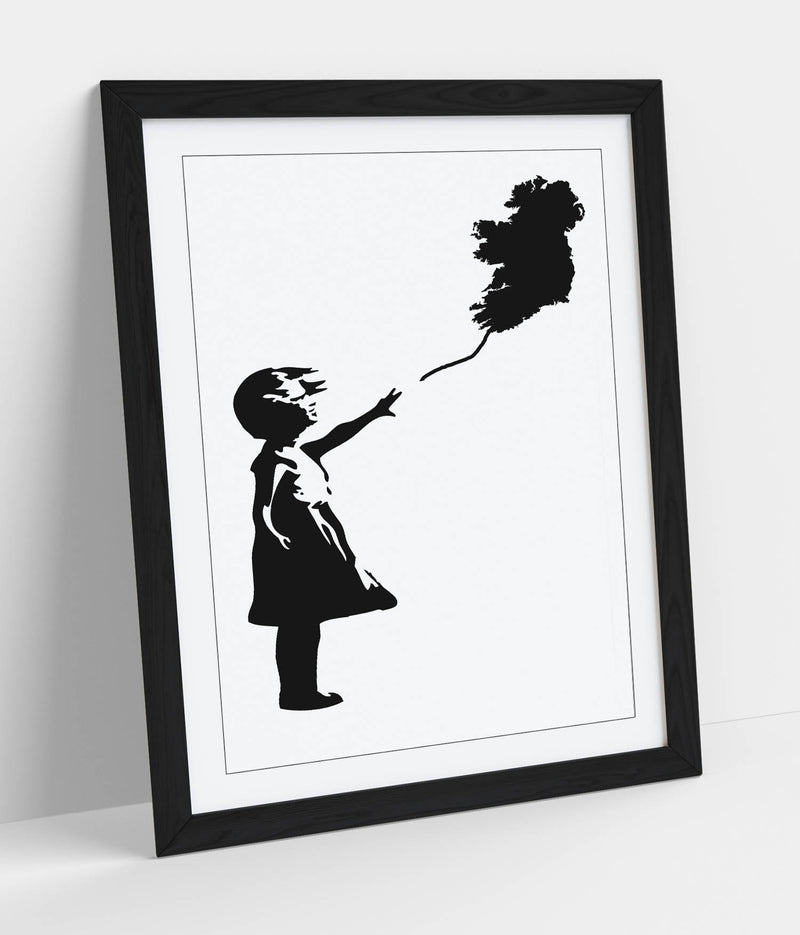 Ireland Balloon Girl Banksy - Colorful Wall Art With Woodgrain Frame & Matte Paper Print