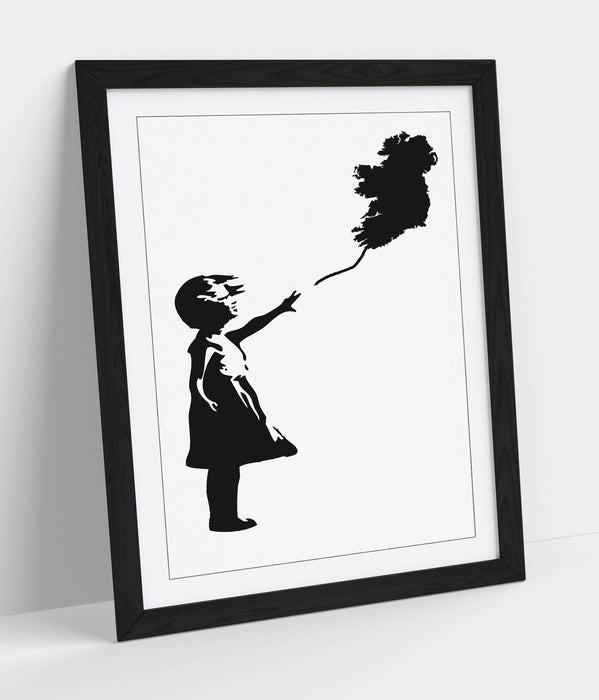 Ireland Balloon Girl Banksy - Colorful Wall Art With Woodgrain Frame & Matte Paper Print